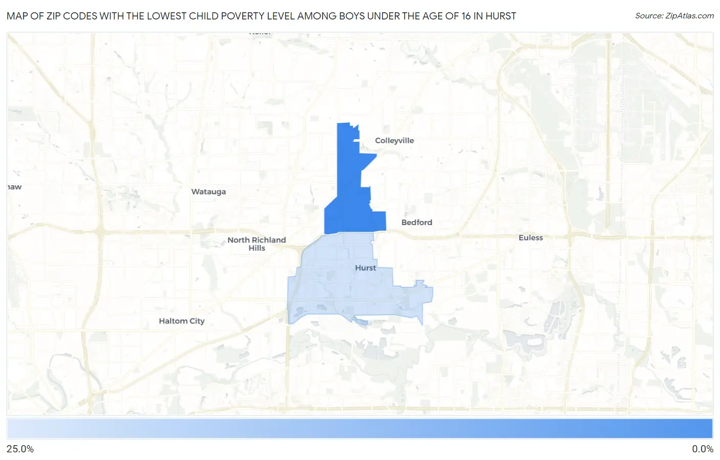 Zip Codes with the Lowest Child Poverty Level Among Boys Under the Age of 16 in Hurst Map