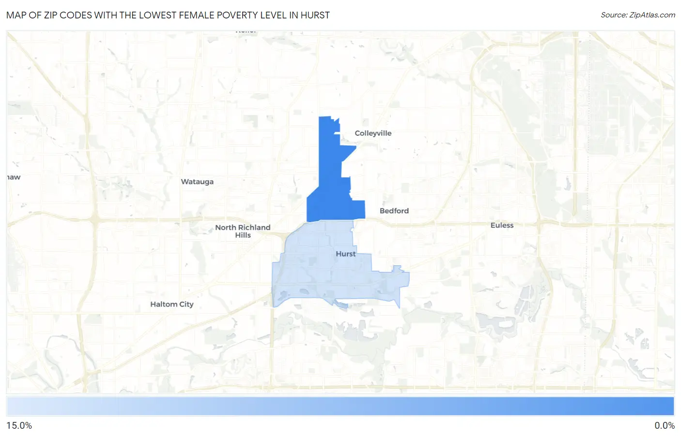 Zip Codes with the Lowest Female Poverty Level in Hurst Map