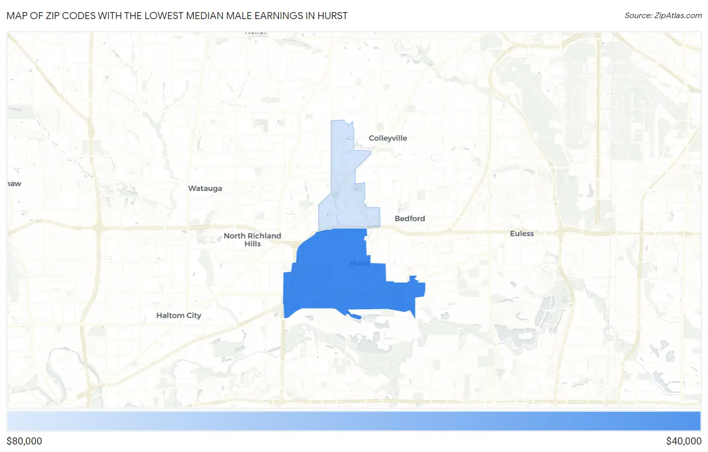 Zip Codes with the Lowest Median Male Earnings in Hurst Map