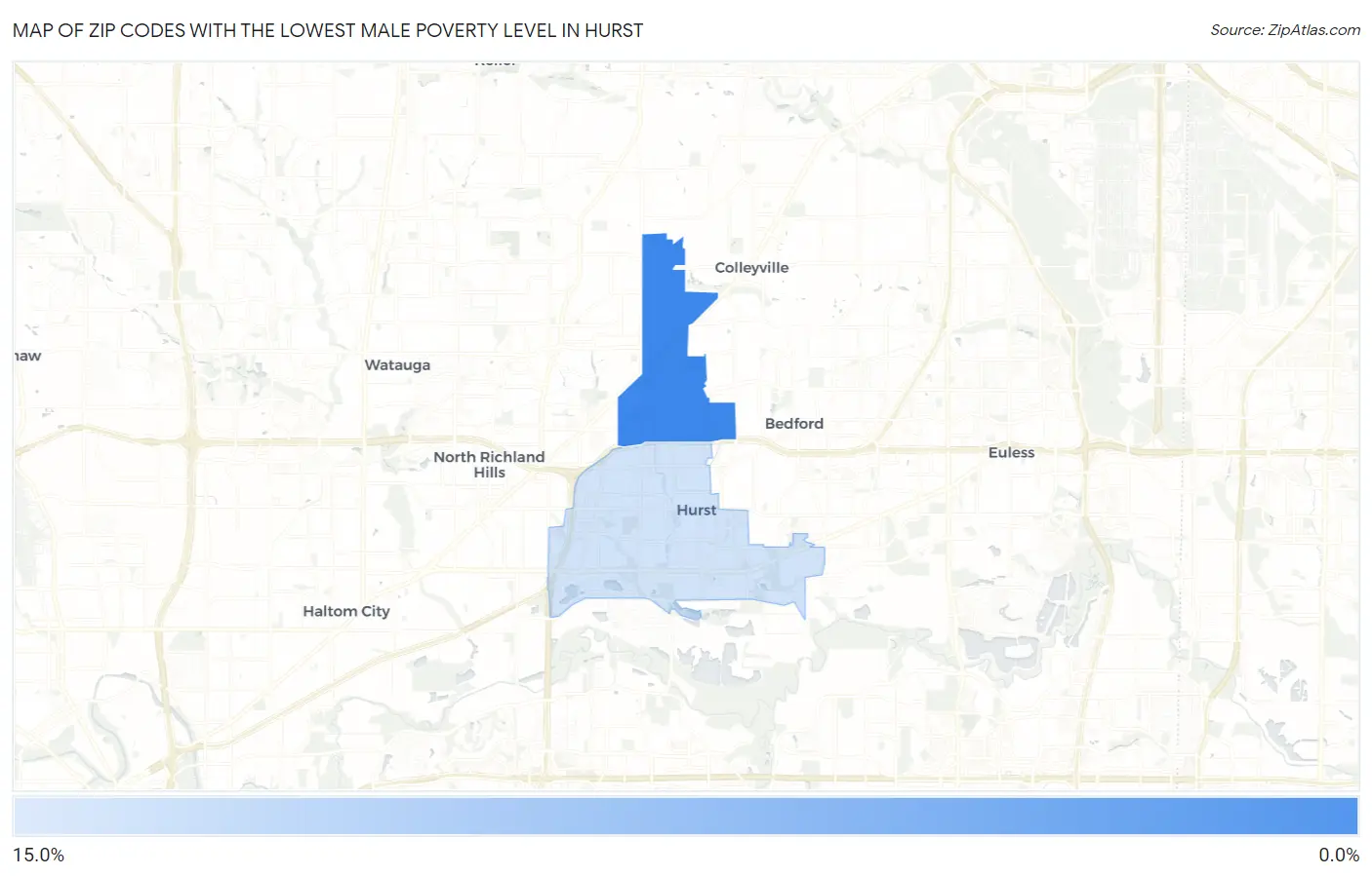 Zip Codes with the Lowest Male Poverty Level in Hurst Map