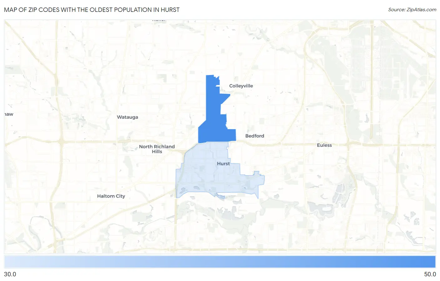 Zip Codes with the Oldest Population in Hurst Map