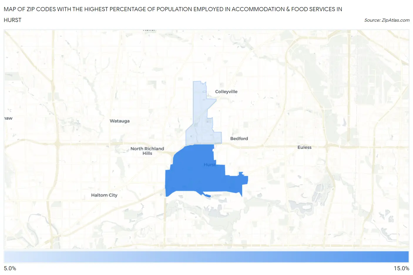 Zip Codes with the Highest Percentage of Population Employed in Accommodation & Food Services in Hurst Map