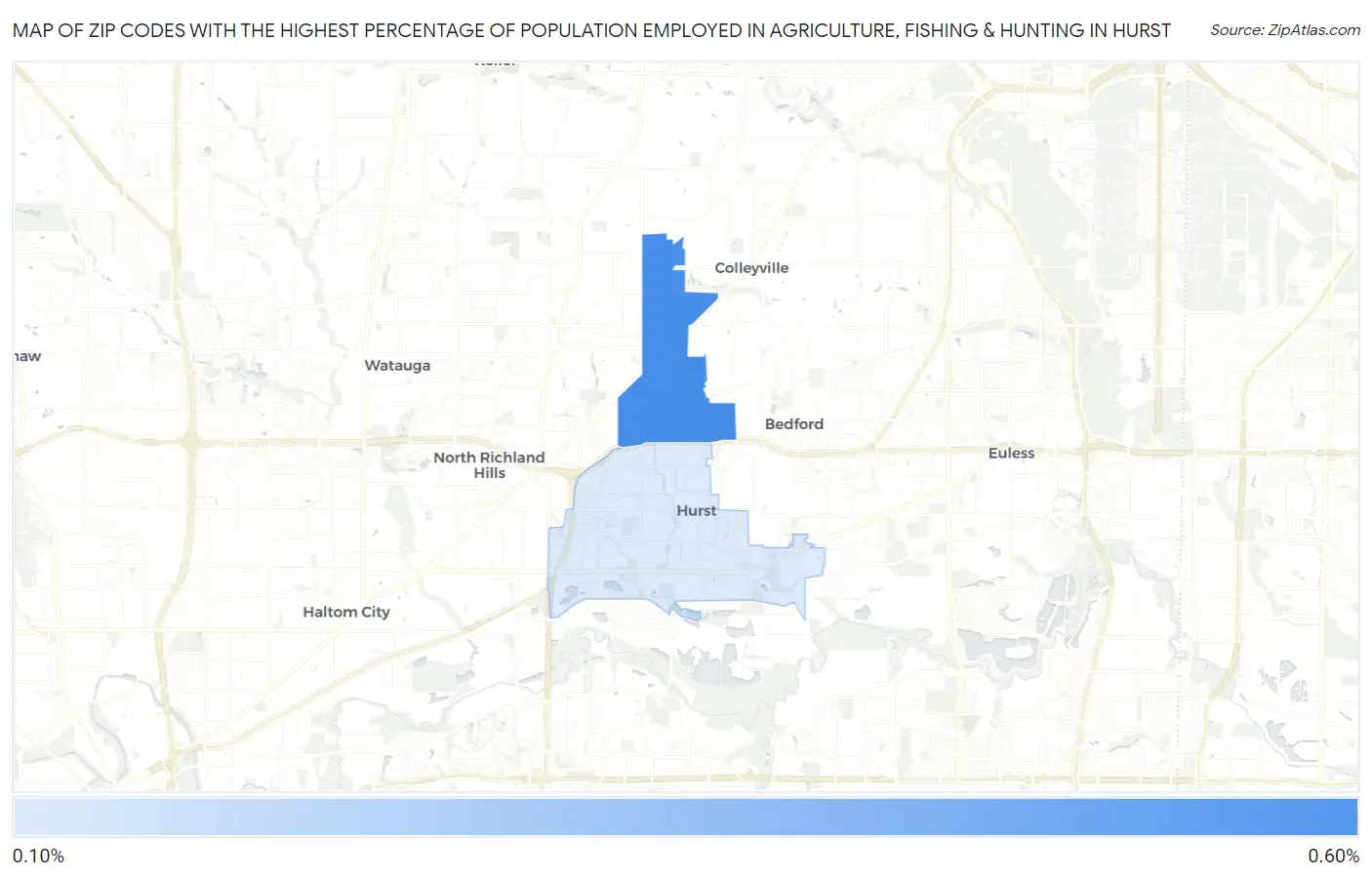 Zip Codes with the Highest Percentage of Population Employed in Agriculture, Fishing & Hunting in Hurst Map