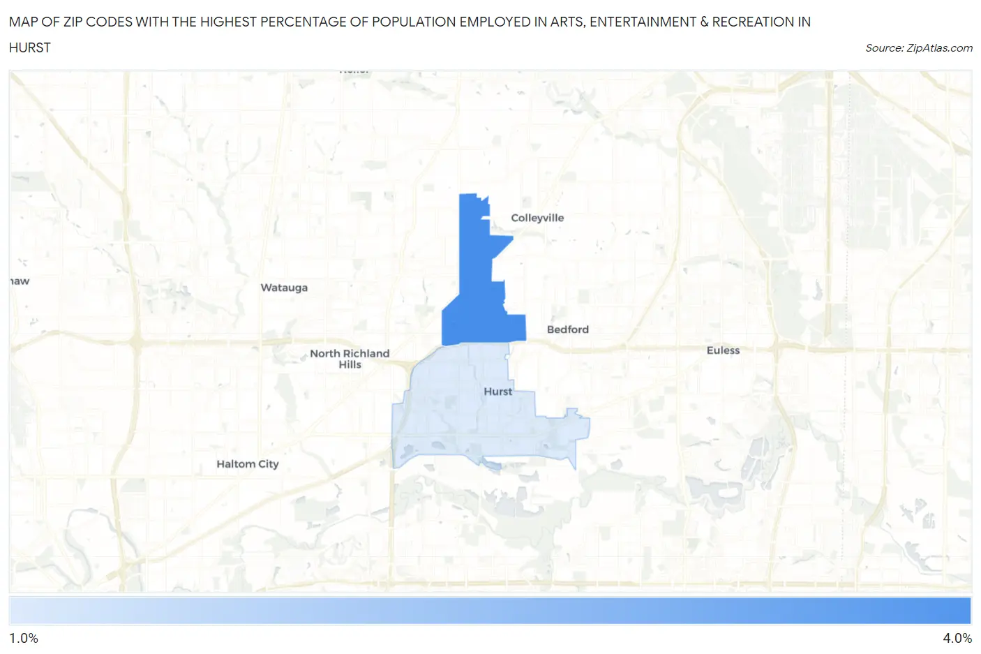 Zip Codes with the Highest Percentage of Population Employed in Arts, Entertainment & Recreation in Hurst Map