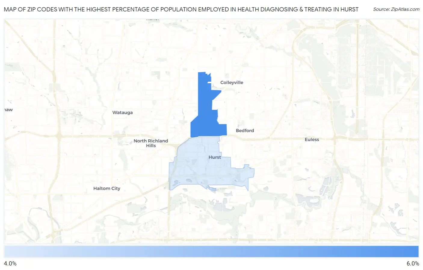 Zip Codes with the Highest Percentage of Population Employed in Health Diagnosing & Treating in Hurst Map