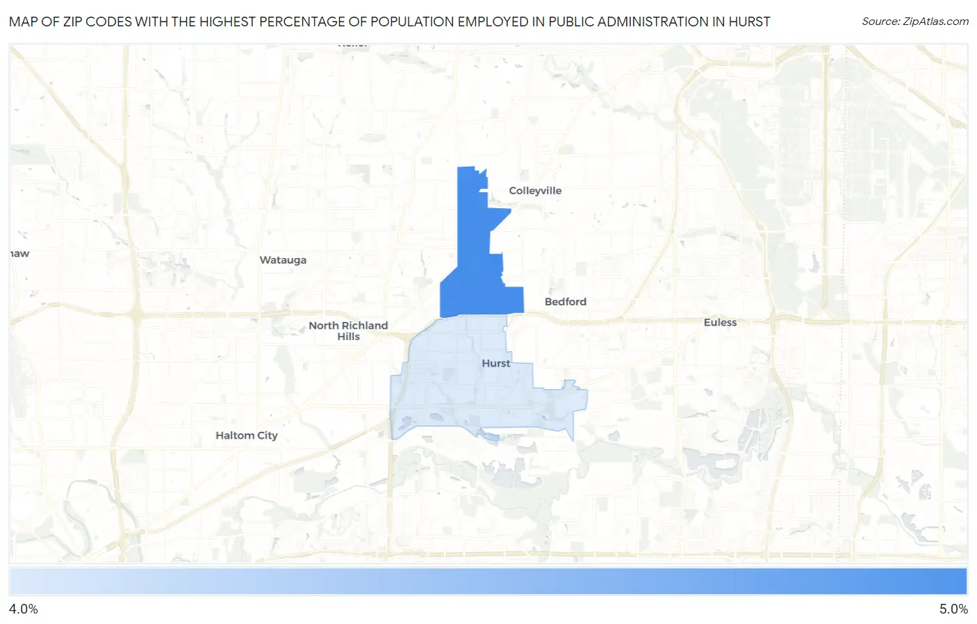 Zip Codes with the Highest Percentage of Population Employed in Public Administration in Hurst Map