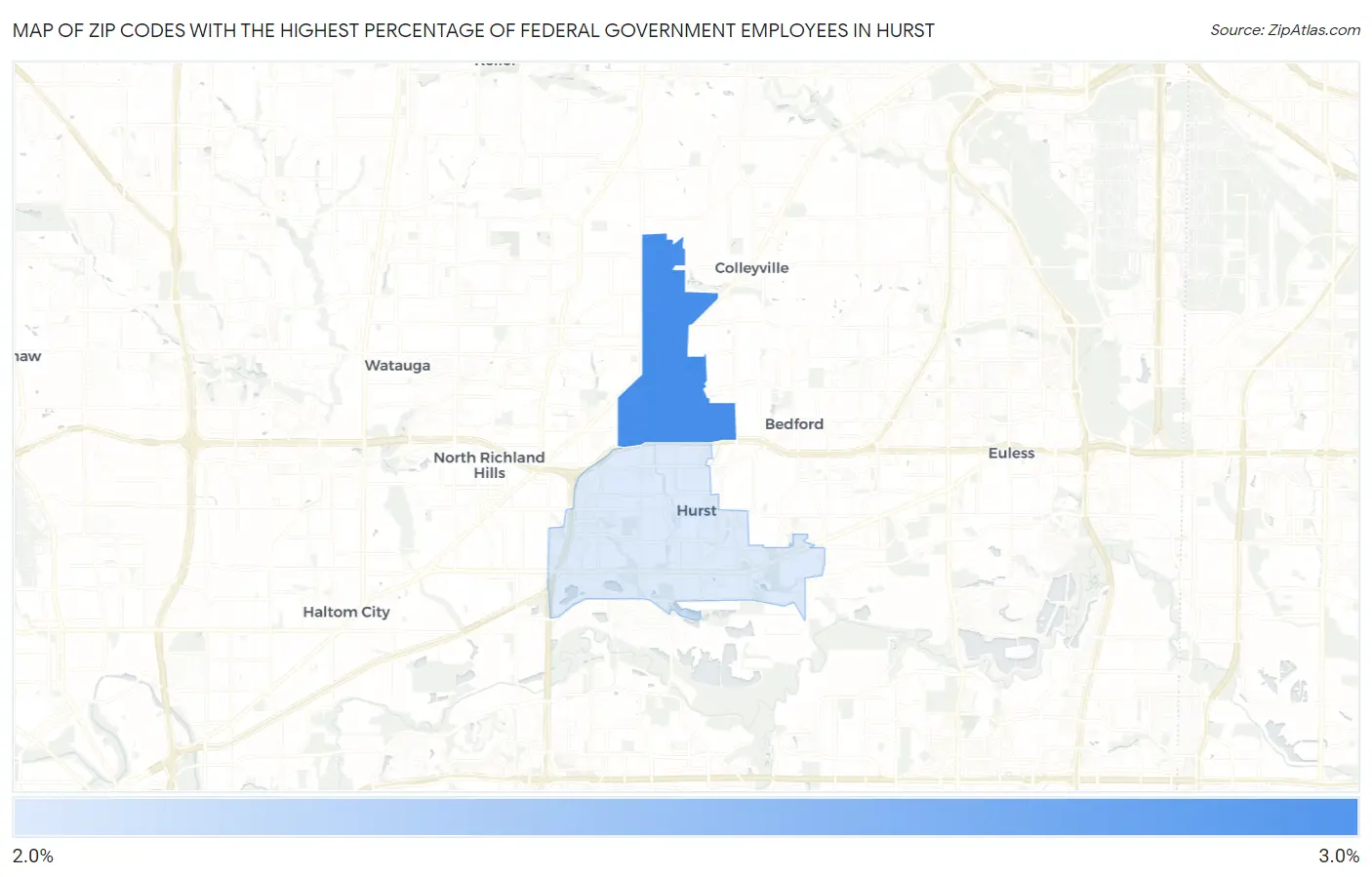 Zip Codes with the Highest Percentage of Federal Government Employees in Hurst Map