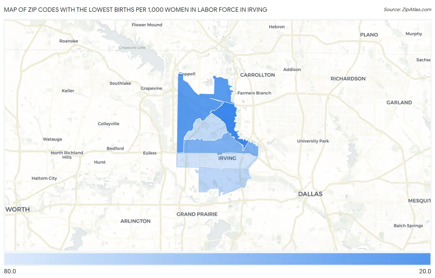 Zip Codes with the Lowest Births per 1,000 Women in Labor Force in Irving Map