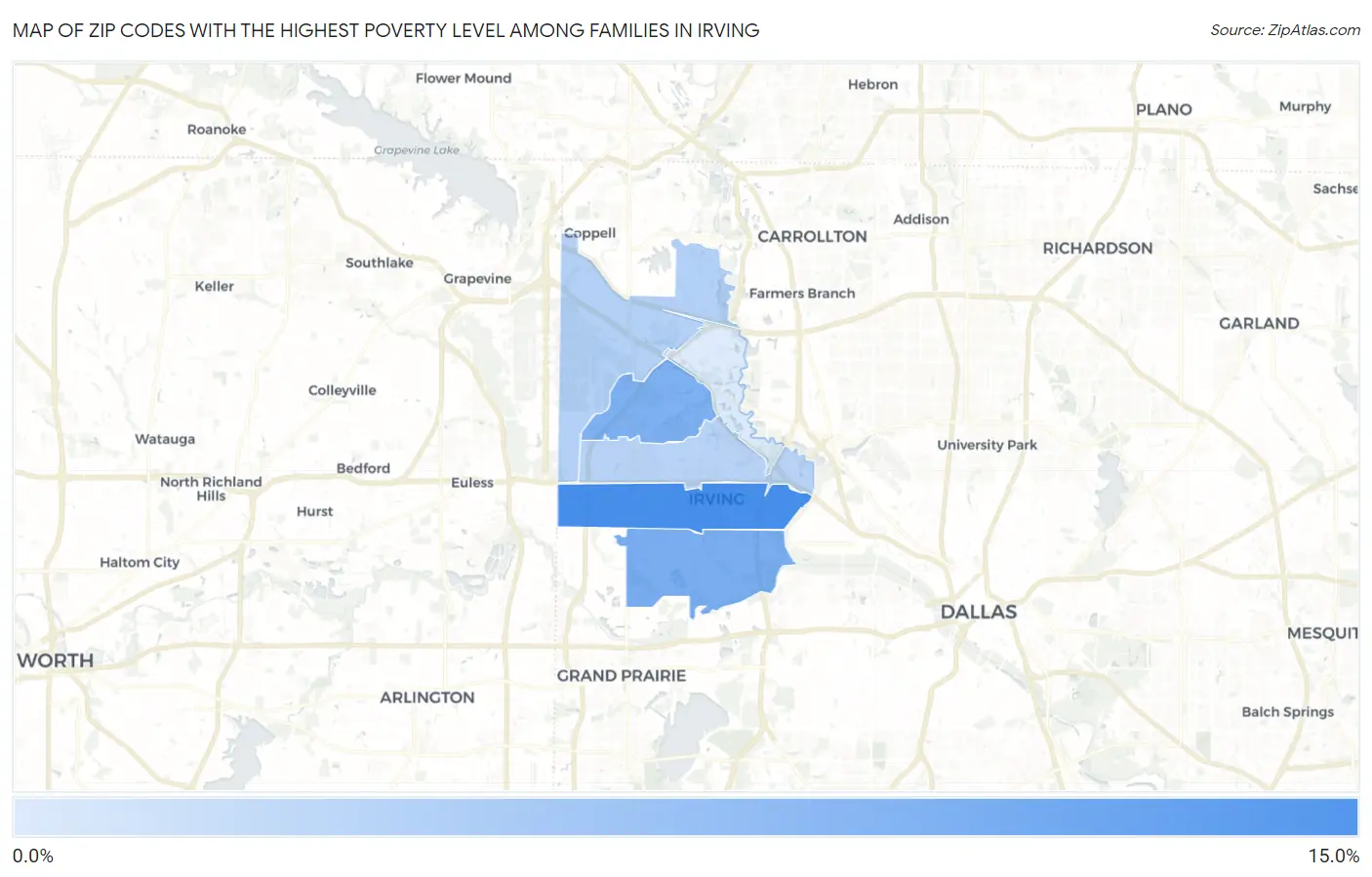 Zip Codes with the Highest Poverty Level Among Families in Irving Map
