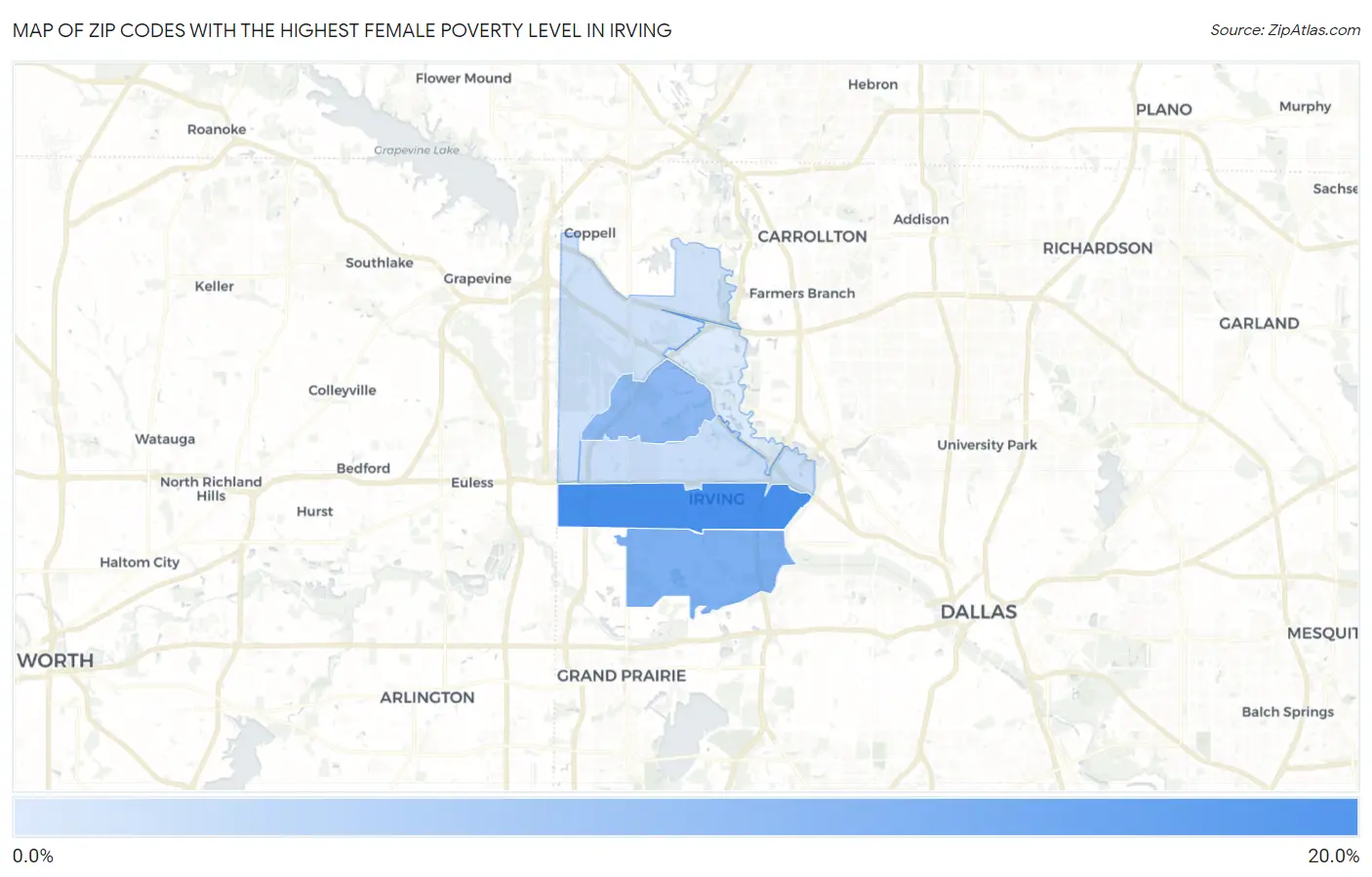 Zip Codes with the Highest Female Poverty Level in Irving Map
