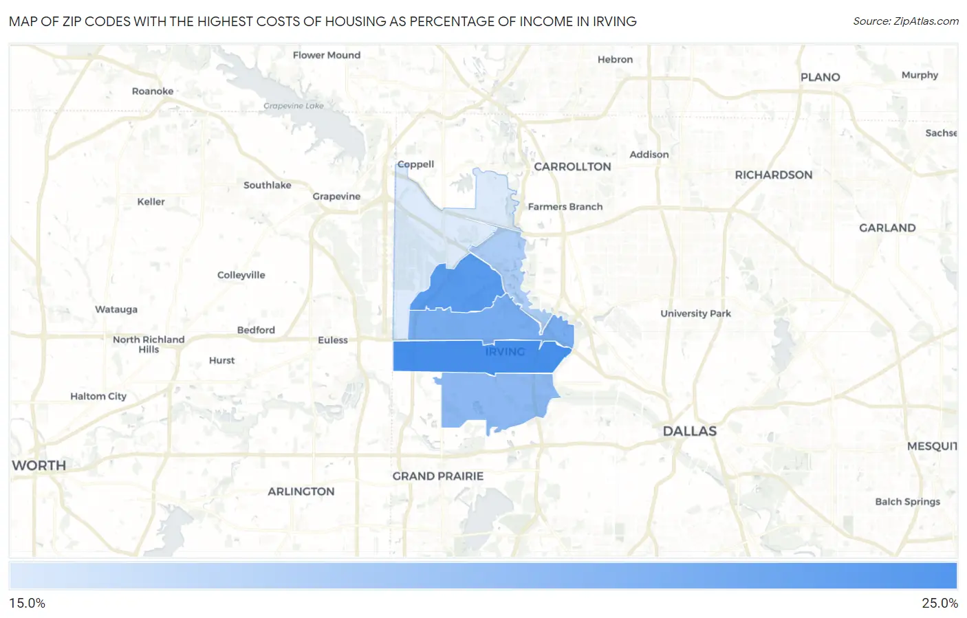 Zip Codes with the Highest Costs of Housing as Percentage of Income in Irving Map