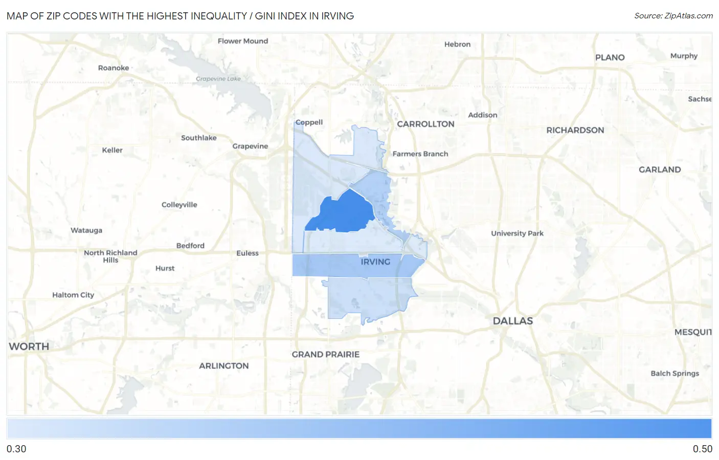 Zip Codes with the Highest Inequality / Gini Index in Irving Map