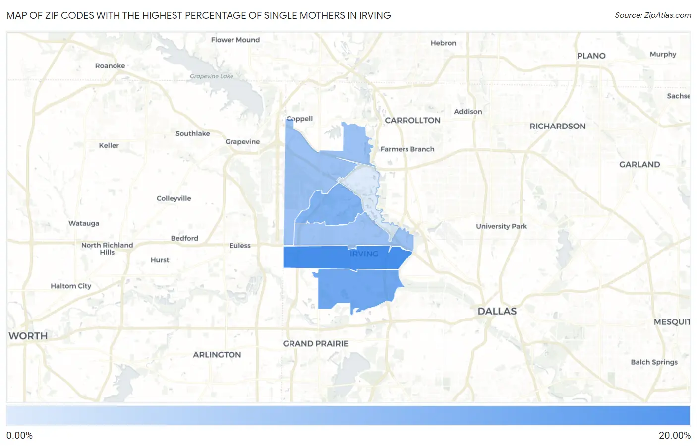 Zip Codes with the Highest Percentage of Single Mothers in Irving Map