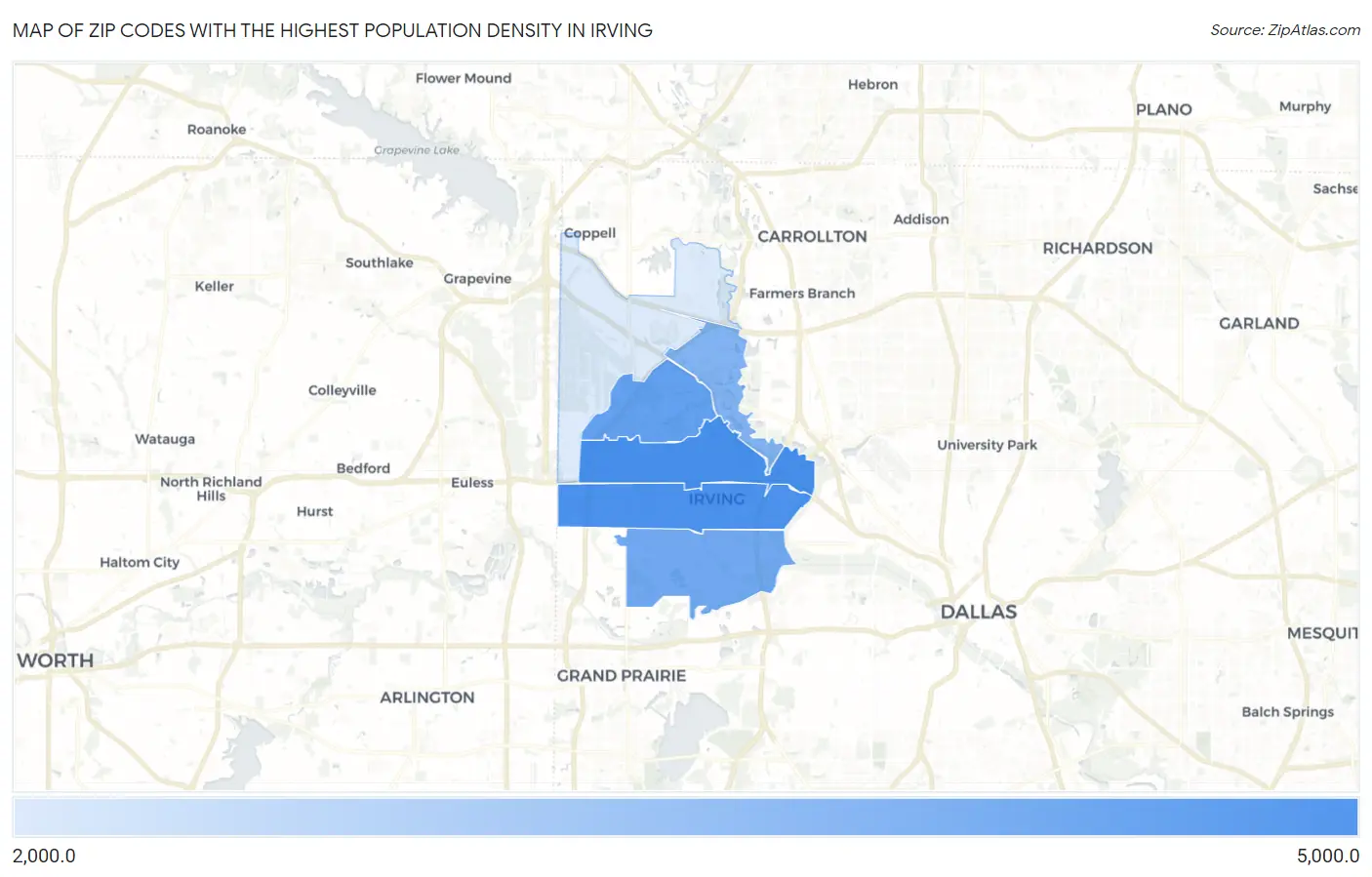 Zip Codes with the Highest Population Density in Irving Map