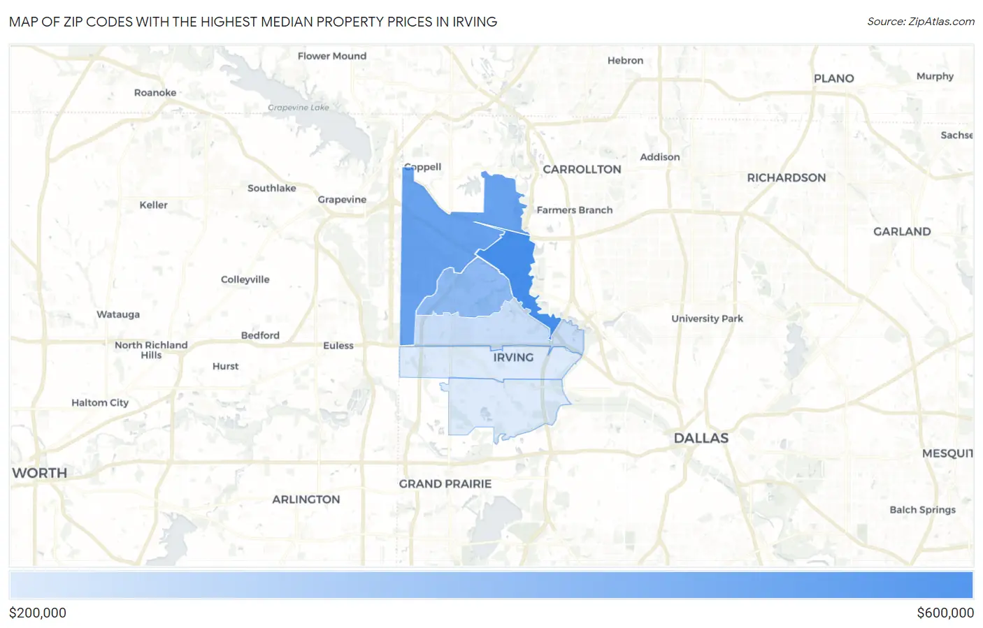 Zip Codes with the Highest Median Property Prices in Irving Map
