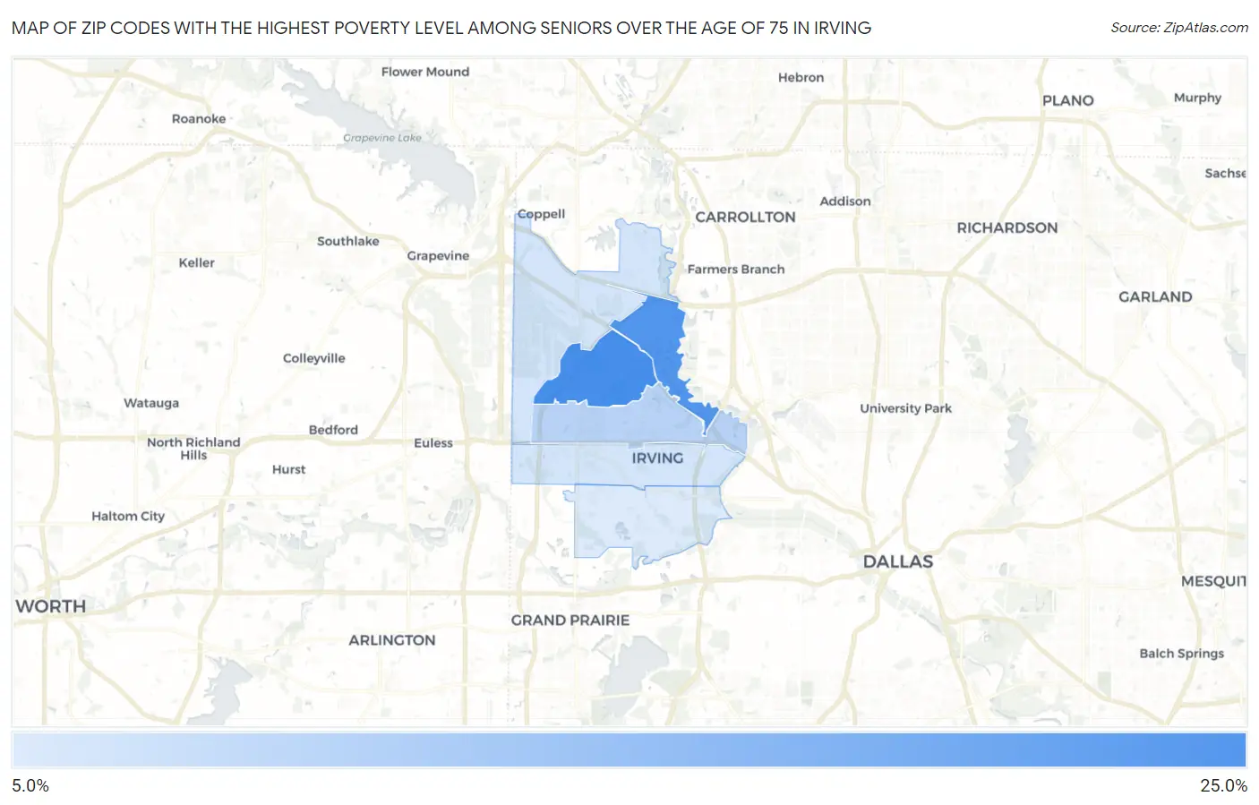 Zip Codes with the Highest Poverty Level Among Seniors Over the Age of 75 in Irving Map