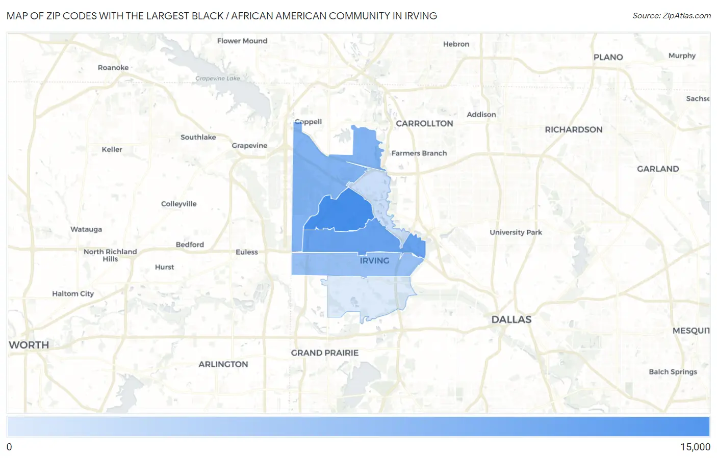 Zip Codes with the Largest Black / African American Community in Irving Map