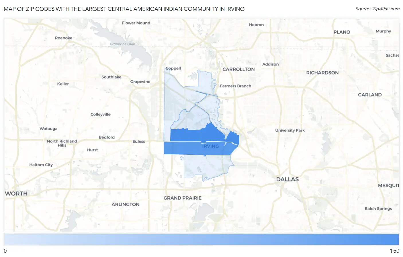 Zip Codes with the Largest Central American Indian Community in Irving Map
