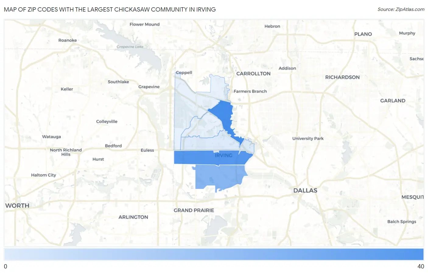 Zip Codes with the Largest Chickasaw Community in Irving Map