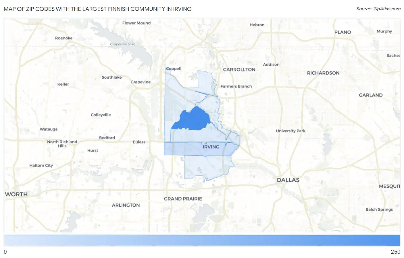 Zip Codes with the Largest Finnish Community in Irving Map