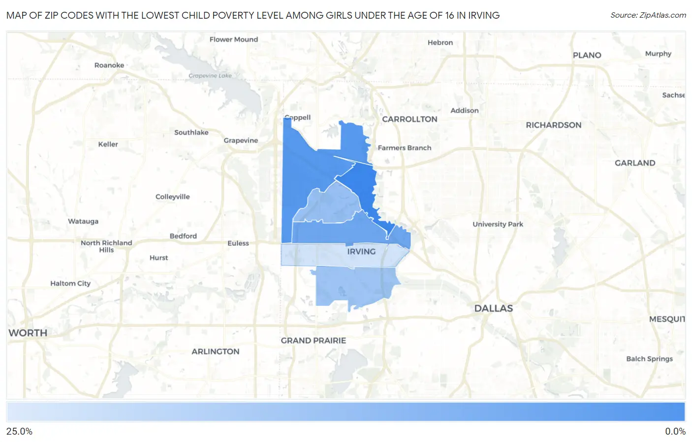 Zip Codes with the Lowest Child Poverty Level Among Girls Under the Age of 16 in Irving Map