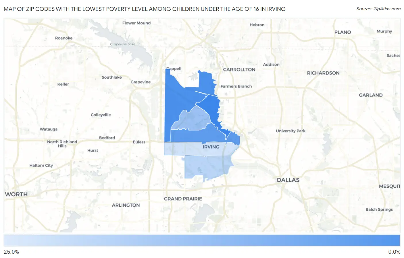 Zip Codes with the Lowest Poverty Level Among Children Under the Age of 16 in Irving Map