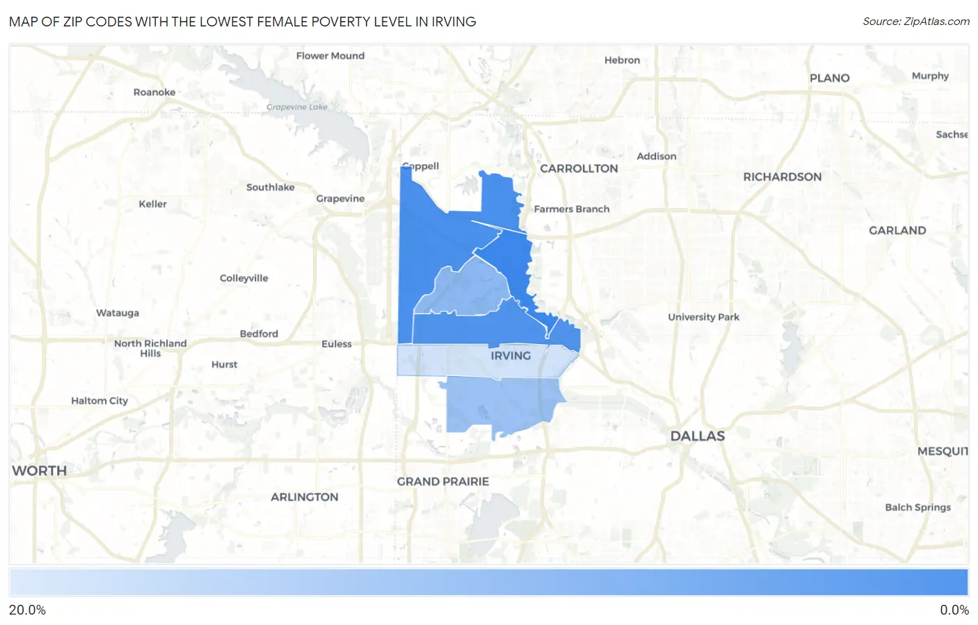 Zip Codes with the Lowest Female Poverty Level in Irving Map