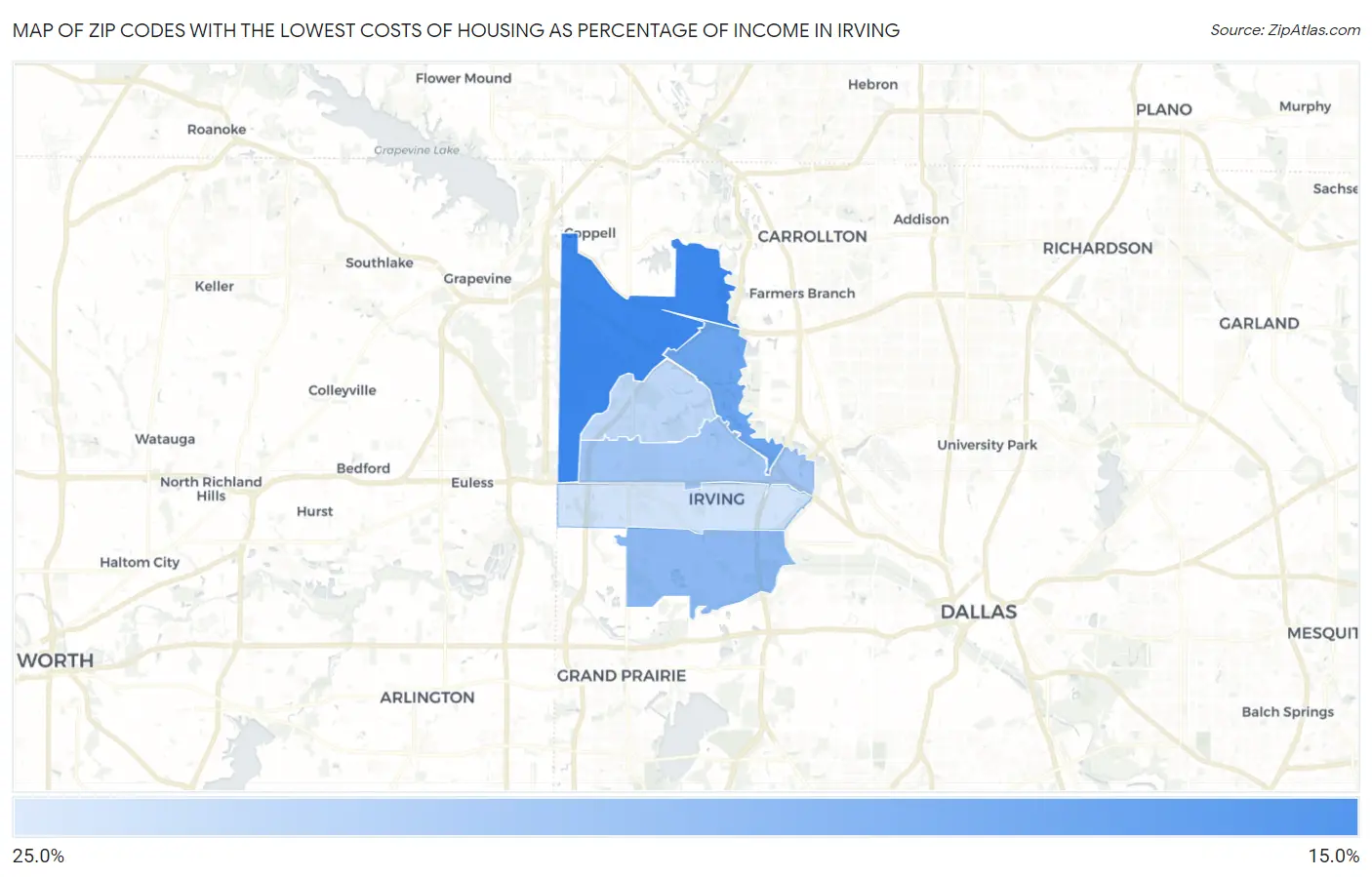 Zip Codes with the Lowest Costs of Housing as Percentage of Income in Irving Map