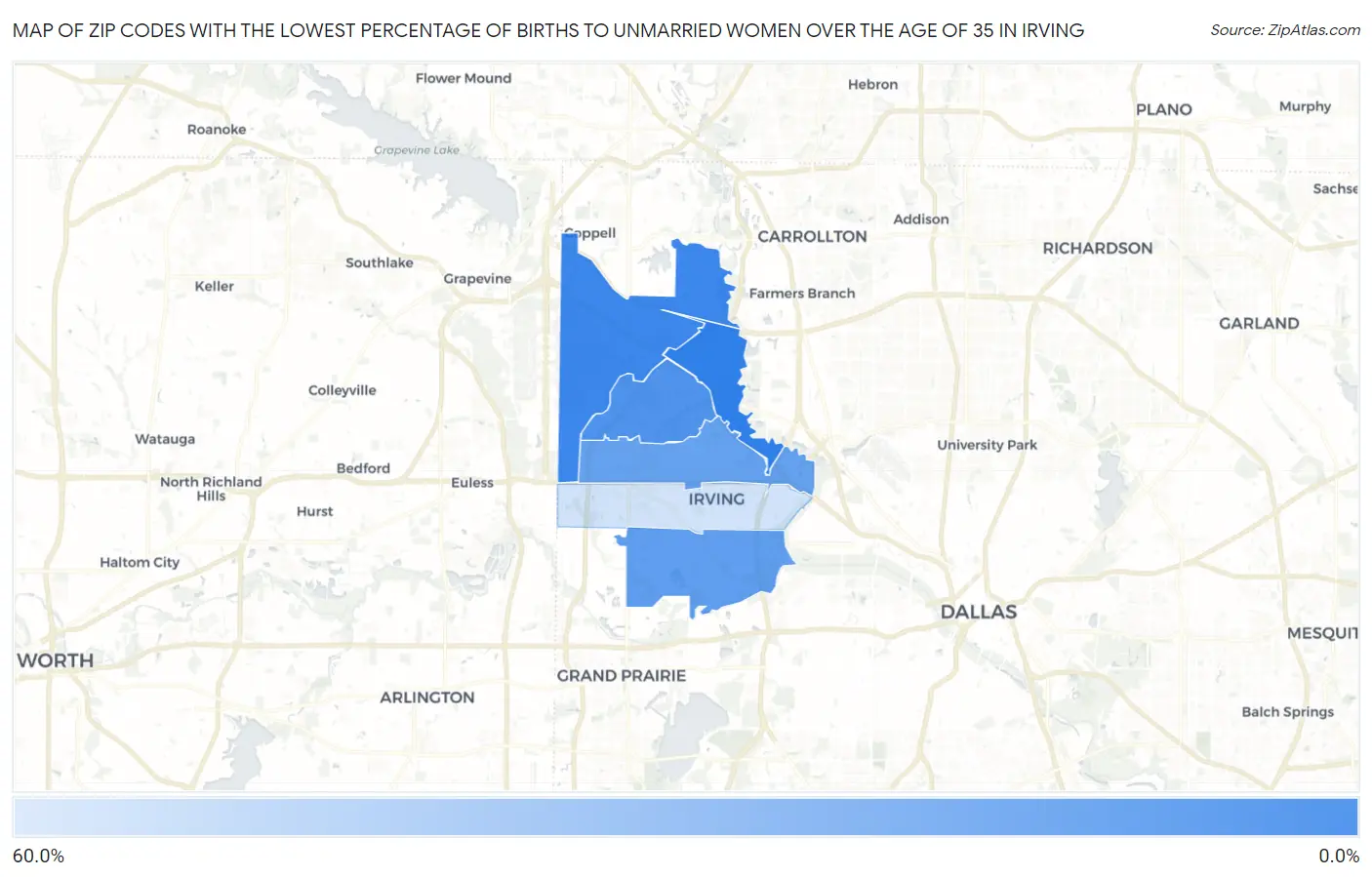 Zip Codes with the Lowest Percentage of Births to Unmarried Women over the Age of 35 in Irving Map