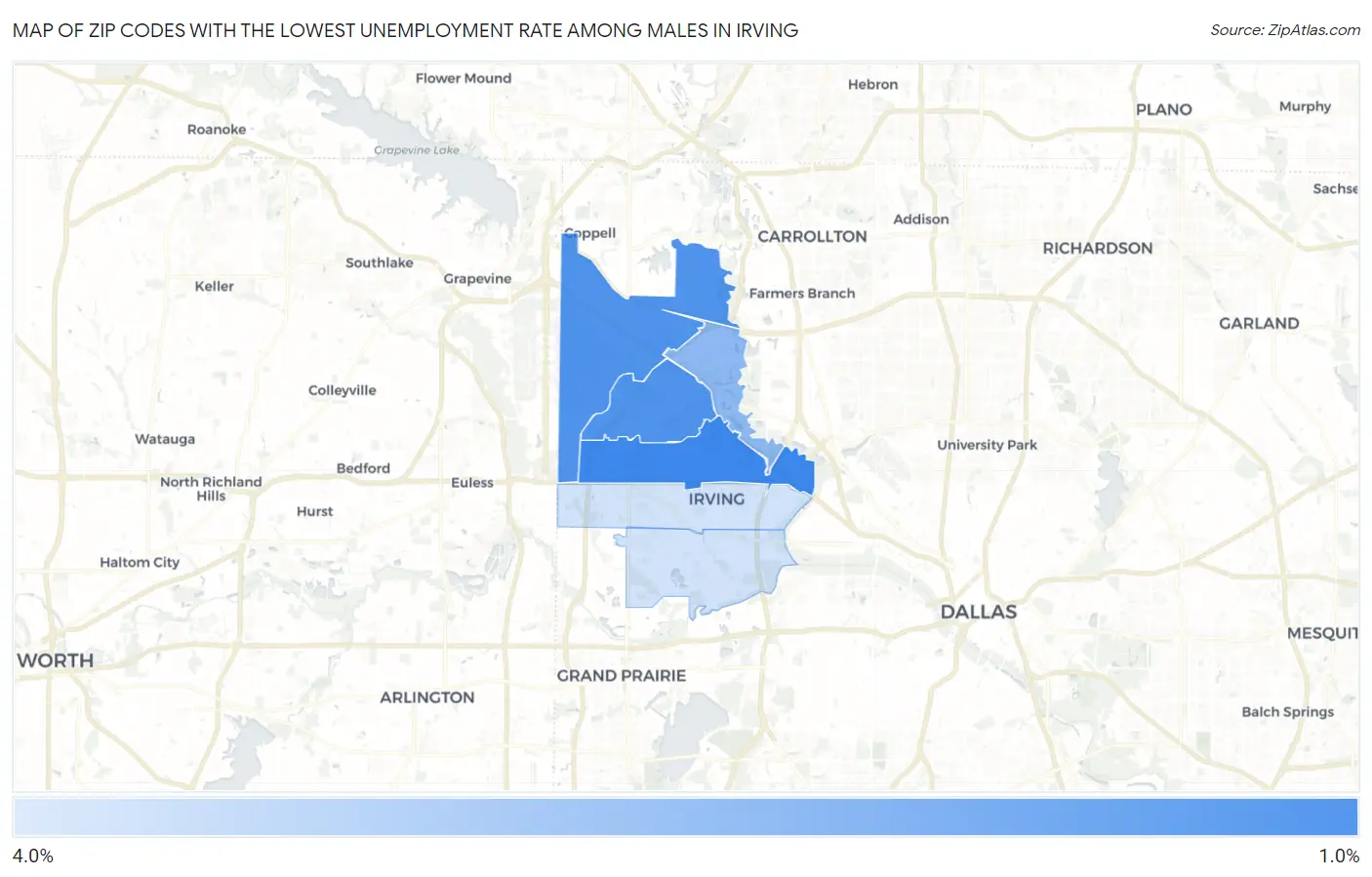 Zip Codes with the Lowest Unemployment Rate Among Males in Irving Map