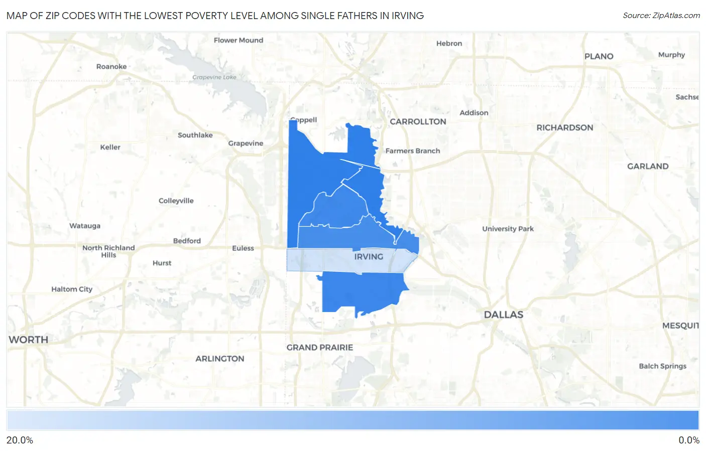 Zip Codes with the Lowest Poverty Level Among Single Fathers in Irving Map