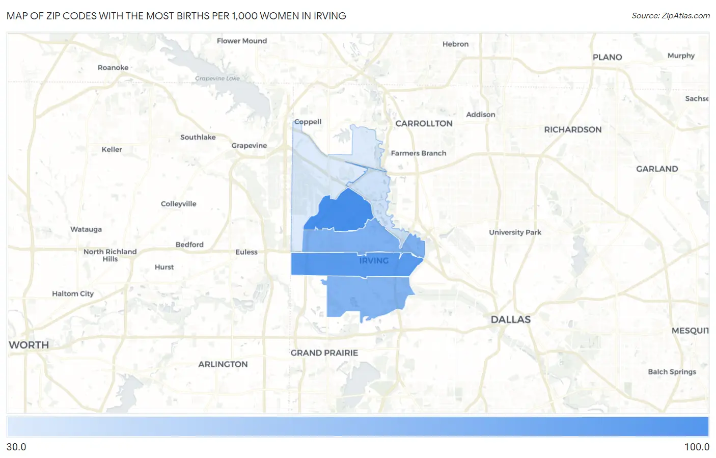 Zip Codes with the Most Births per 1,000 Women in Irving Map