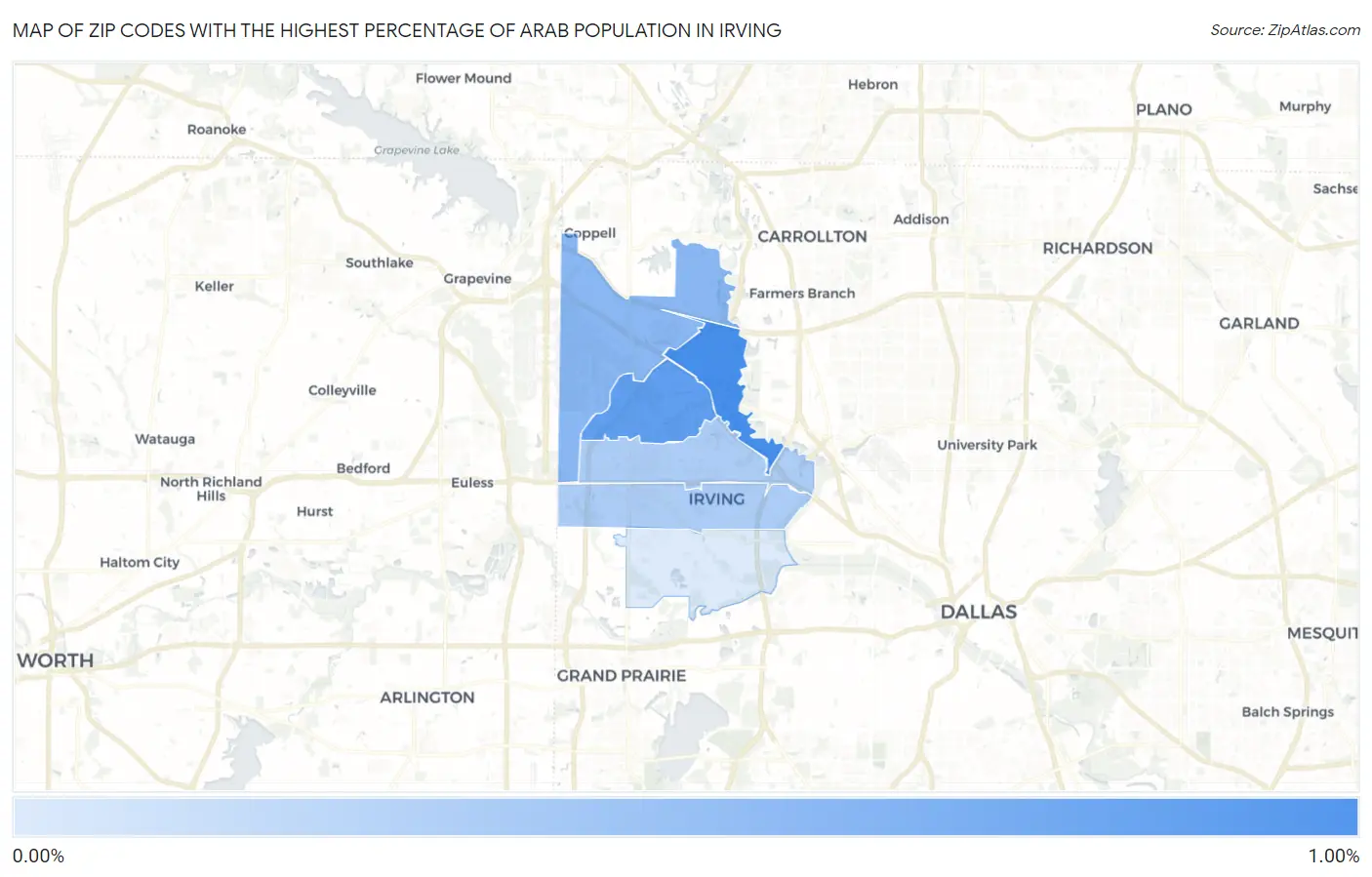 Zip Codes with the Highest Percentage of Arab Population in Irving Map
