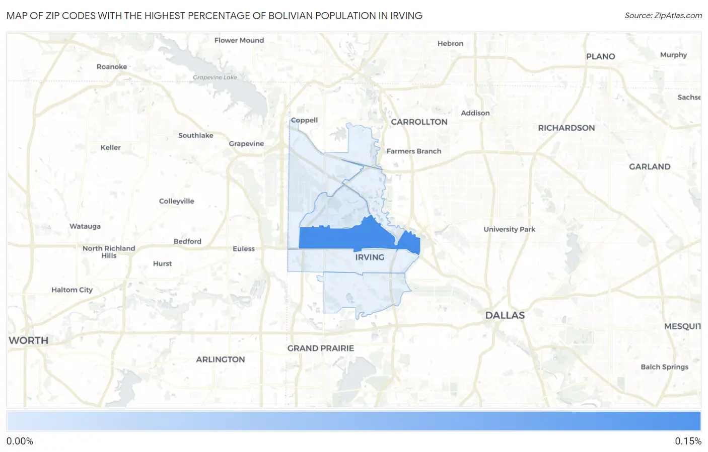 Zip Codes with the Highest Percentage of Bolivian Population in Irving Map