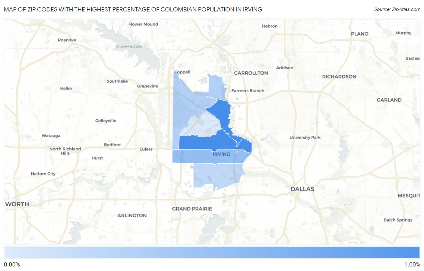 Zip Codes with the Highest Percentage of Colombian Population in Irving Map