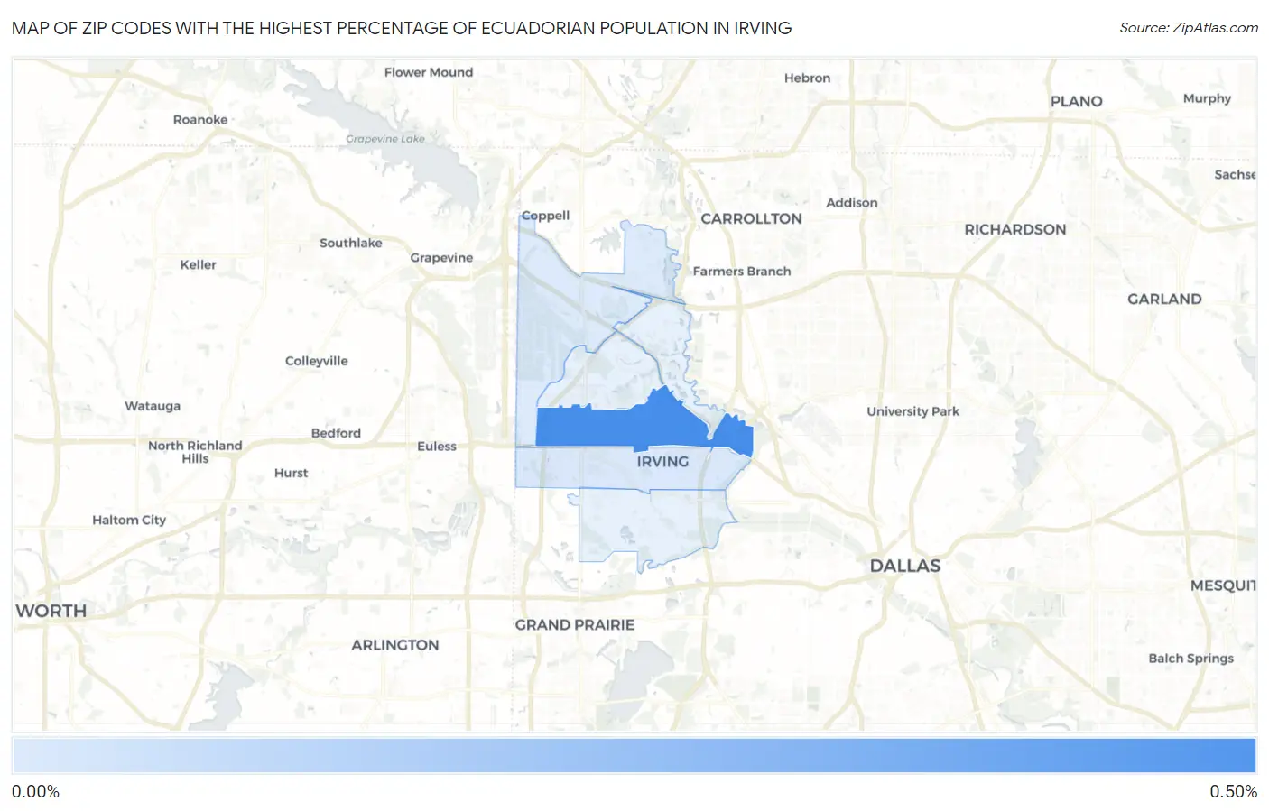 Zip Codes with the Highest Percentage of Ecuadorian Population in Irving Map