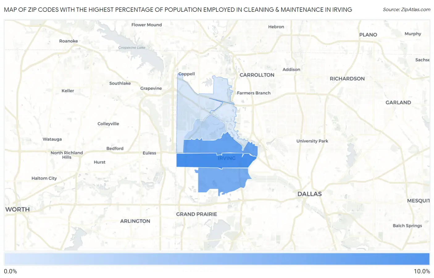 Zip Codes with the Highest Percentage of Population Employed in Cleaning & Maintenance in Irving Map