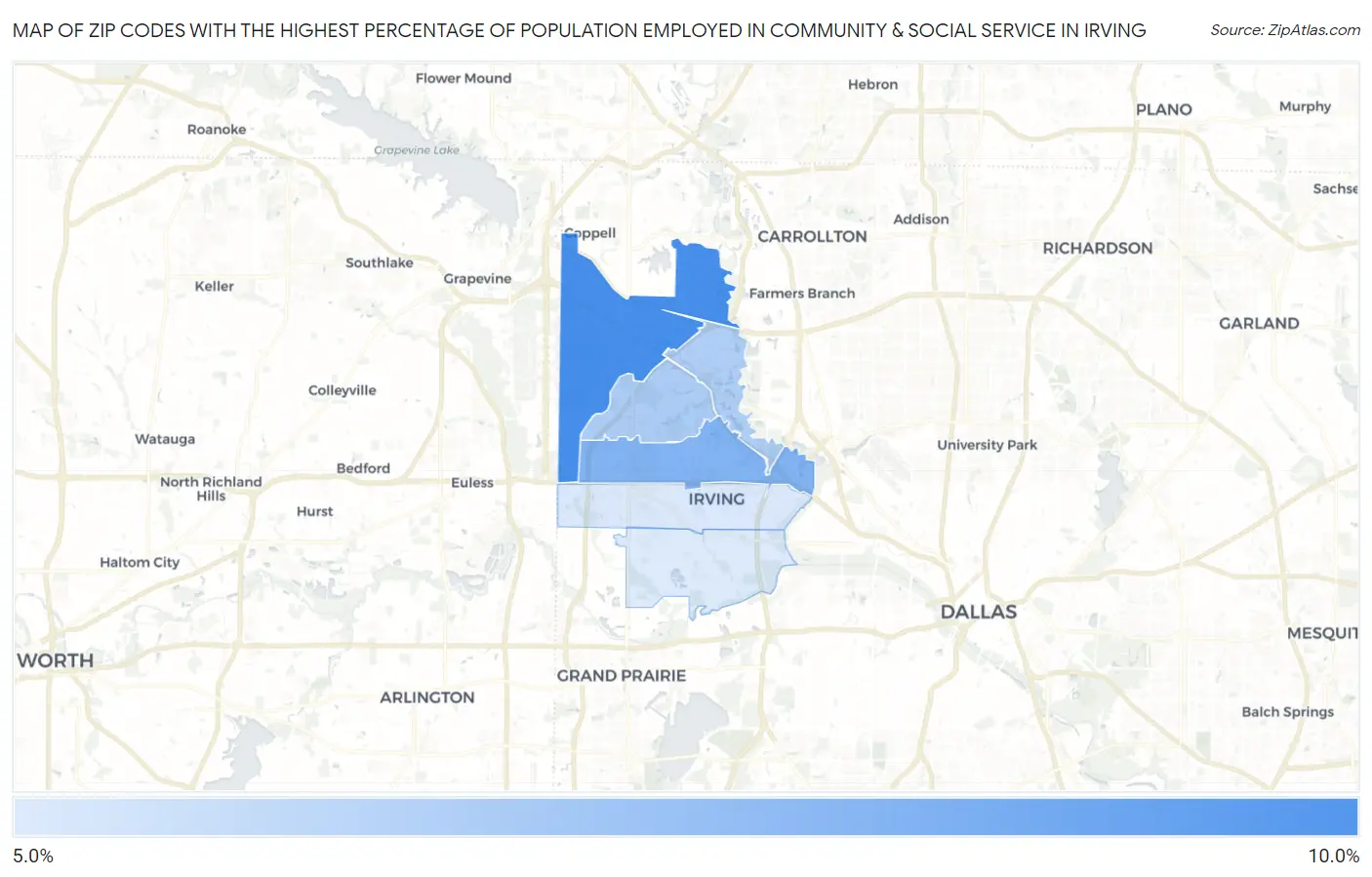 Zip Codes with the Highest Percentage of Population Employed in Community & Social Service  in Irving Map
