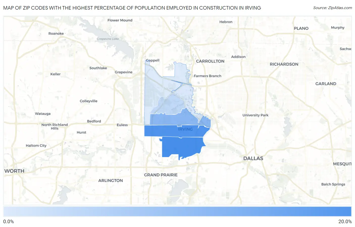 Zip Codes with the Highest Percentage of Population Employed in Construction in Irving Map