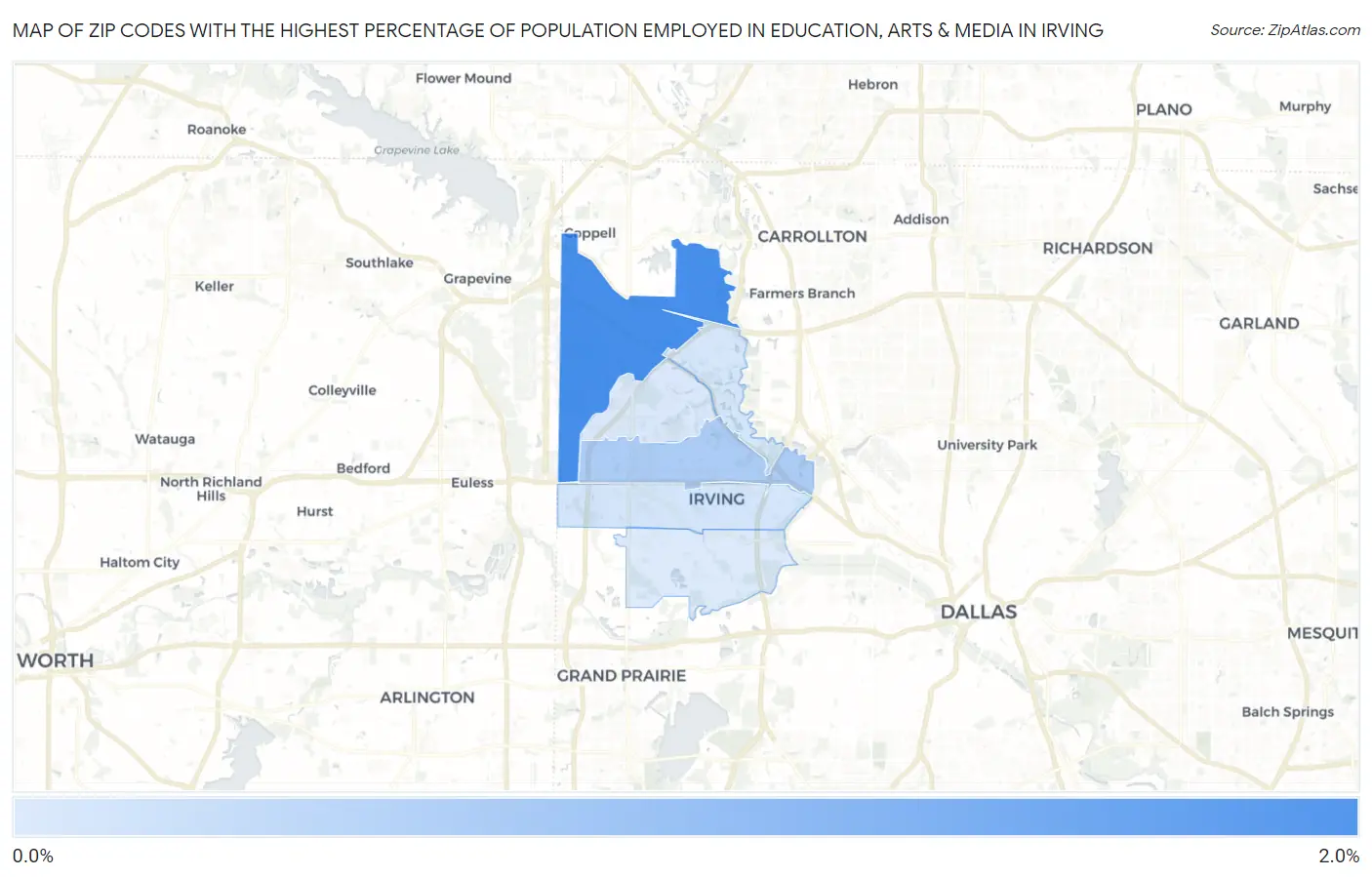 Zip Codes with the Highest Percentage of Population Employed in Education, Arts & Media in Irving Map