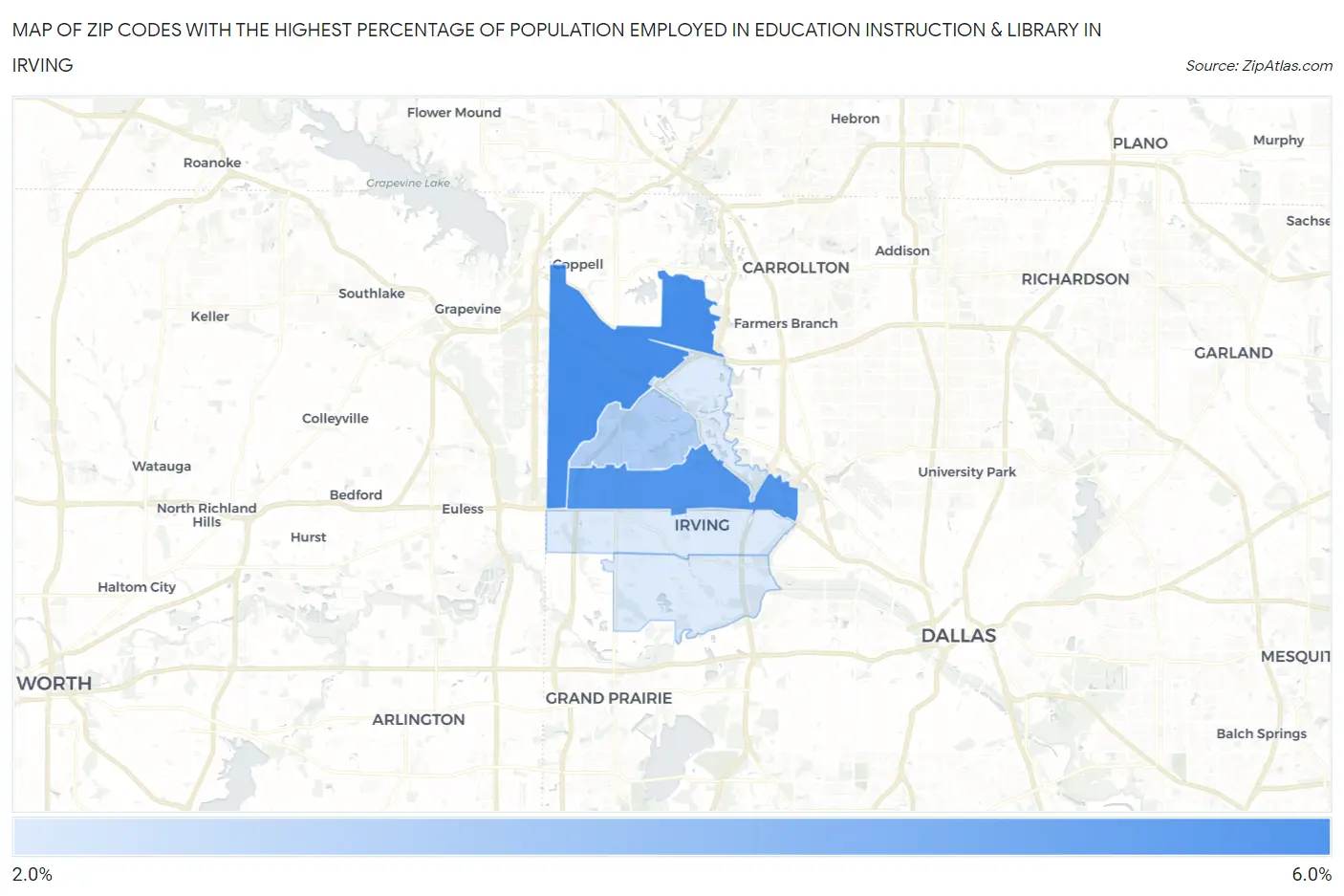 Zip Codes with the Highest Percentage of Population Employed in Education Instruction & Library in Irving Map