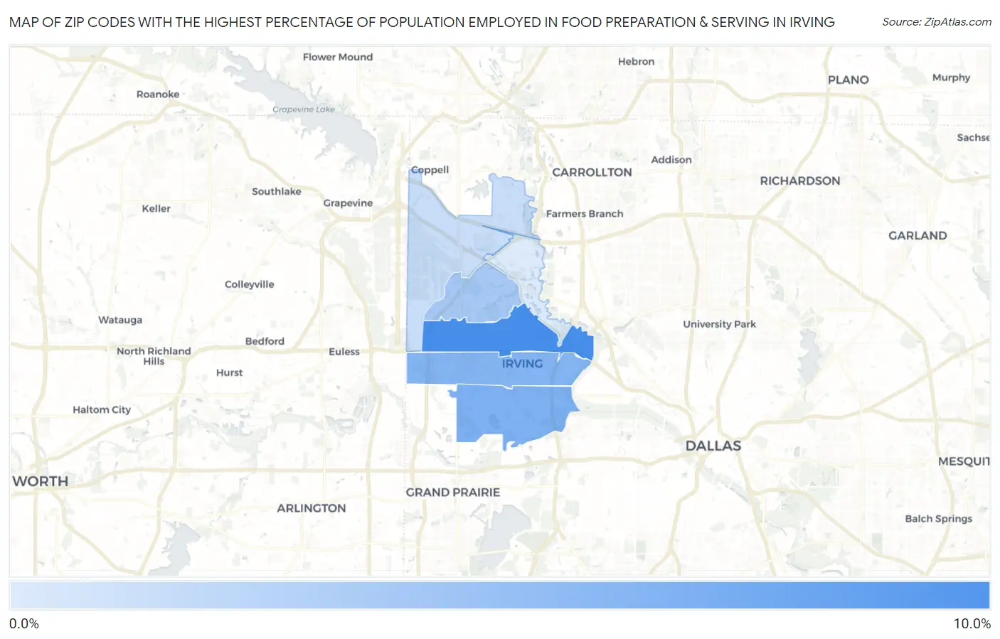 Zip Codes with the Highest Percentage of Population Employed in Food Preparation & Serving in Irving Map