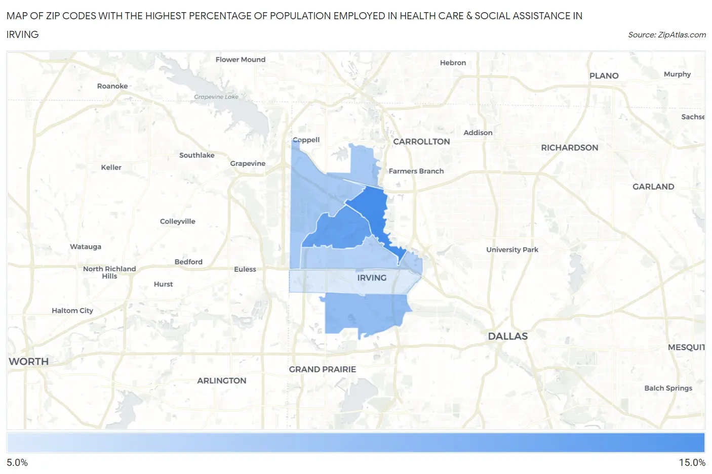Zip Codes with the Highest Percentage of Population Employed in Health Care & Social Assistance in Irving Map