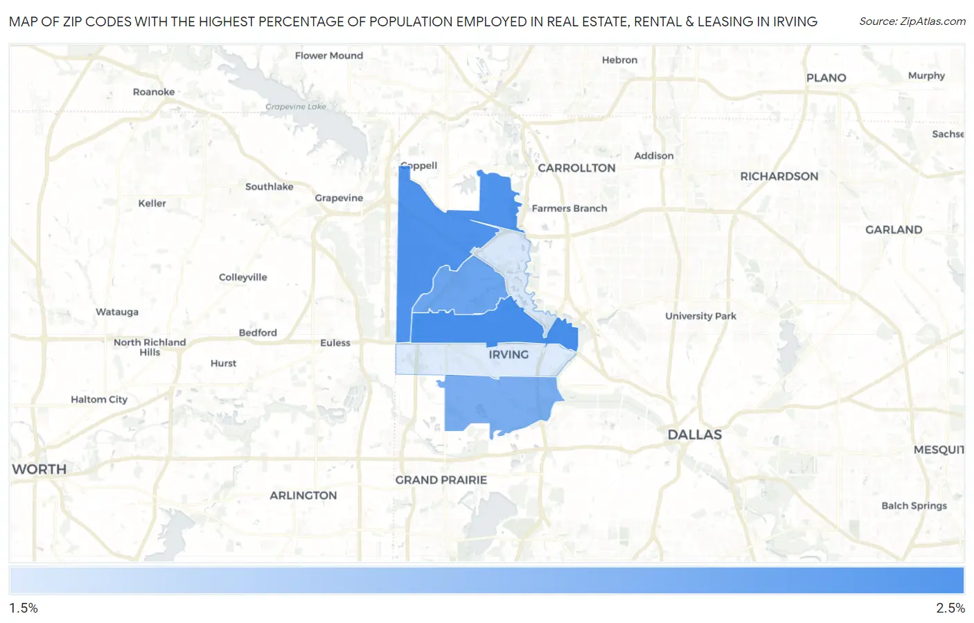 Zip Codes with the Highest Percentage of Population Employed in Real Estate, Rental & Leasing in Irving Map