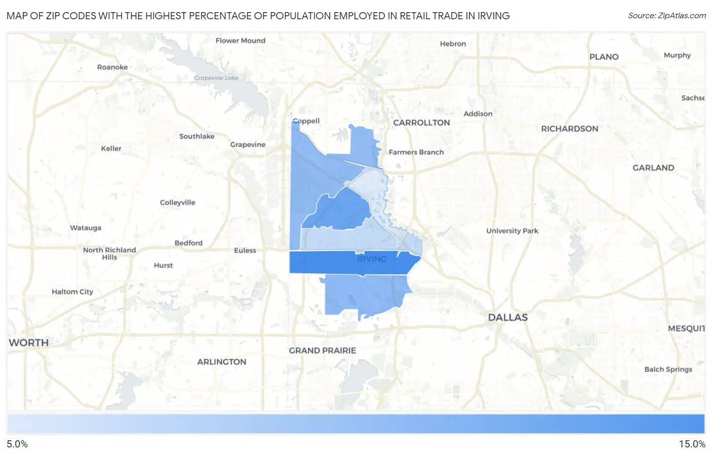 Zip Codes with the Highest Percentage of Population Employed in Retail Trade in Irving Map