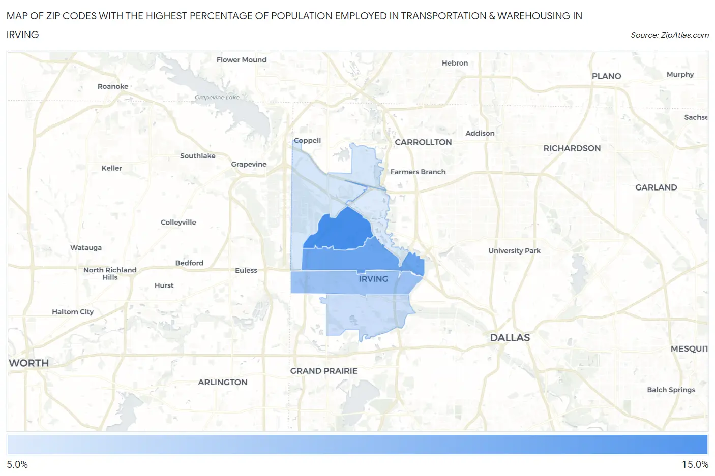 Zip Codes with the Highest Percentage of Population Employed in Transportation & Warehousing in Irving Map