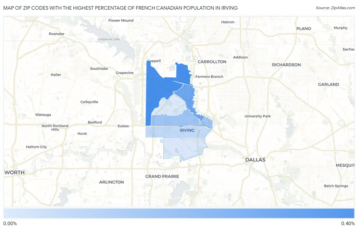 Zip Codes with the Highest Percentage of French Canadian Population in Irving Map