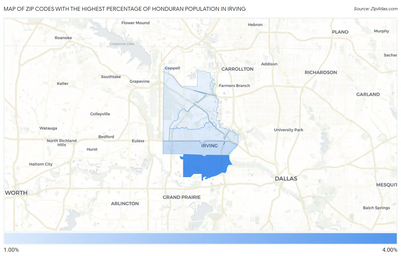 Zip Codes with the Highest Percentage of Honduran Population in Irving Map