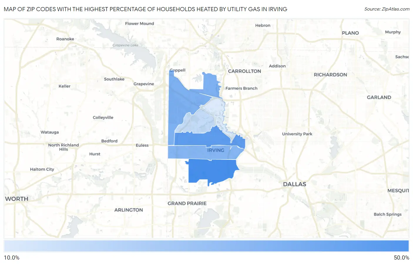 Zip Codes with the Highest Percentage of Households Heated by Utility Gas in Irving Map