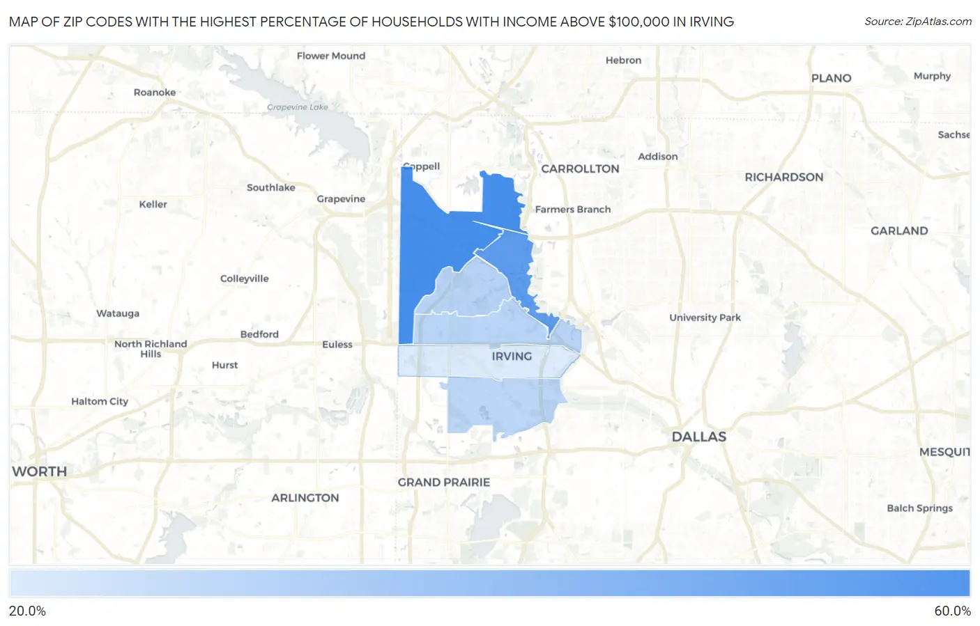Zip Codes with the Highest Percentage of Households with Income Above $100,000 in Irving Map